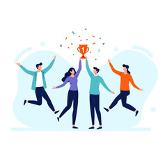 Celebrating teamwork and success, group of four people joyfully holds trophy