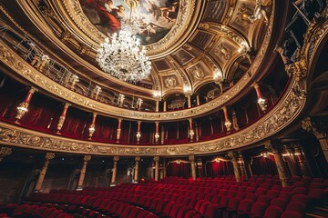Elegant theater interior featuring ornate design, chandelier, and red seating for performances.