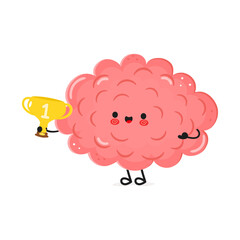 Cute cartoon brain character holding a trophy on white background