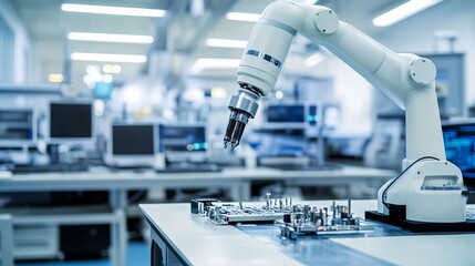 A robot managing automated assembly in a high-tech electronics repair center with clean, organized workstations and advanced diagnostic tools, Electronics repair tech style