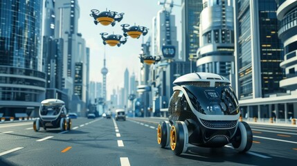 Obraz premium Futuristic cityscape featuring autonomous vehicles and drones navigating a modern urban environment.