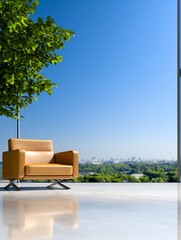 Fototapeta premium Serene Tan Leather Chair Modern Office Bright Sunlight. AI Generated
