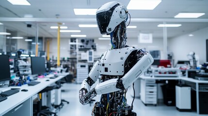 A robot managing automated assembly in a high-tech electronics repair center with clean, organized workstations and advanced diagnostic tools, Electronics repair tech style