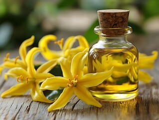 A glass dropper bottle of ylang ylang essential oil and flowers of ylang yalang