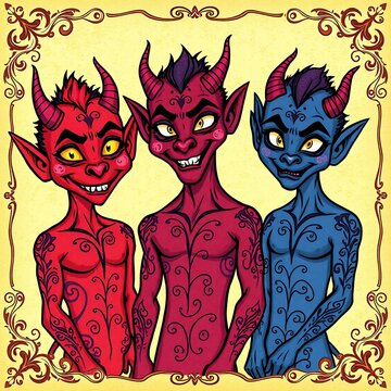 Three cartoon devil boys in striking red and blue, showing off cheerful expressions and mischievous poses