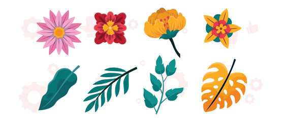 Collection of spring colorful flower elements vector. Set floral of wildflower, leaf branch, foliage on white background. Hand drawn blossom illustration for decor, easter, sticker, clipart, print.
