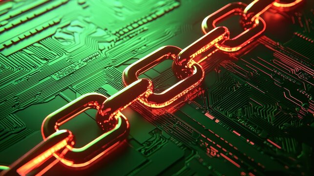 Blockchain network visualized as a glowing chain of encrypted nodes symbolizing tamper-proof data protection
