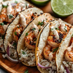 Grilled shrimp tacos, lime, cilantro, wooden board, food photography, recipe