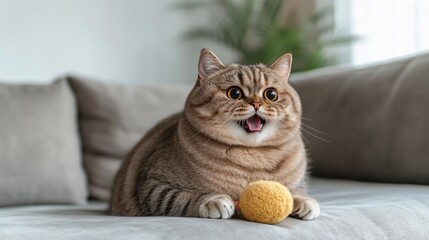 Obraz premium Adorable British Shorthair Cat Playing with Toy on Sofa