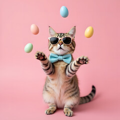 Fototapeta premium A playful cat wearing sunglasses and a bow juggles pastel-colored Easter eggs on a pink background, conveying the cheerful mood of the Easter holidays.