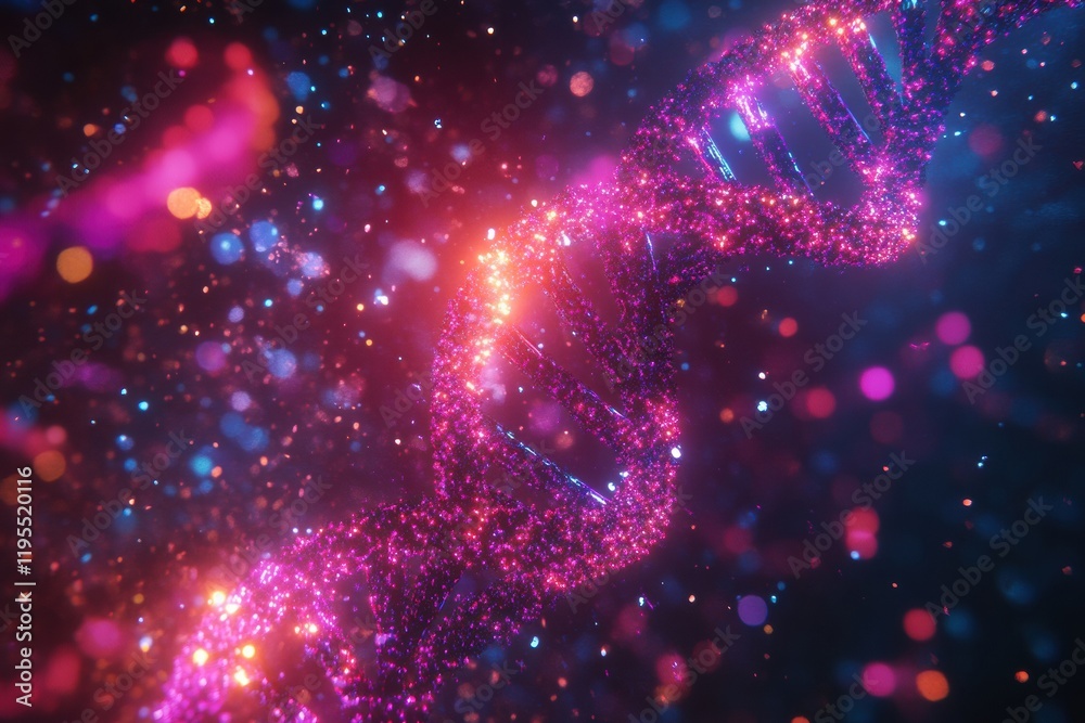 Poster glowing dna double helix illuminated by vibrant molecular connections in a cosmic background. genera