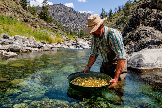 Gold prospector panning for gold in a crystal-clear stream surrounded by rugged wilderness and glowing reflections