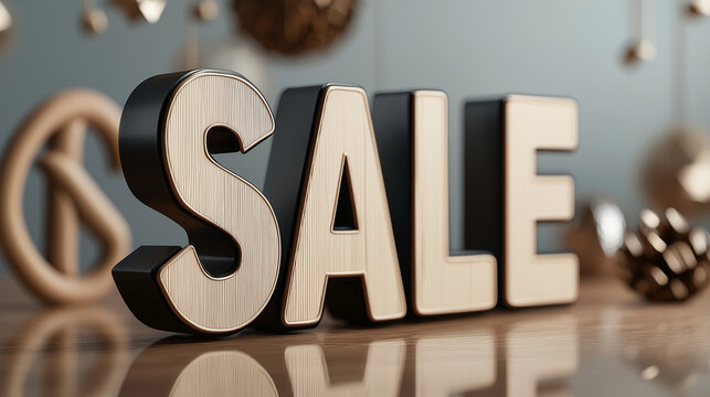 "SALE" in large letters, half-transparent with reflections, a large abstract geometric percent sign (%) intertwined, and abstract circular patterns subtly visible behind.