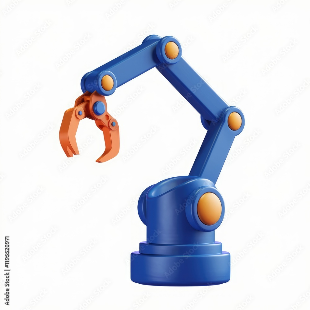 Poster A 3D rendering of a blue robotic arm with an orange claw, showcasing industrial automation.
