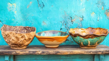 Rustic Handmade Ceramic Bowls on Wooden Shelf