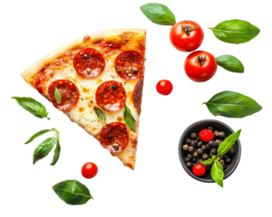 Isolated Slice of Pizza with Tomatoes and Basil