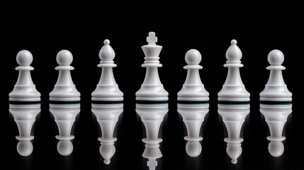 Fototapeta premium Elegant white chess pieces set against a solid black background highlight their intricate design and strategic significance