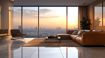 Fototapeta premium Modern living room overlooking cityscape at sunset