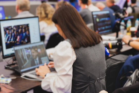 Journalists and correspondents working in media press center, live broadcasting, tv studio channel office, news report coverage of the political forum event, cameraman and editor, creating the news