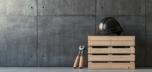 Obraz premium Miner's helmet and tools resting on a wooden crate illuminated by soft natural light in an industrial workspace