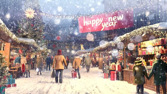 A festive winter market scene with bustling shoppers. seamless looping time-lapse virtual 4k video animation