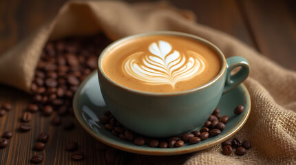 An intricately designed latte cup floating on a wooden surface, surrounded by coffee beans and burlap, creating an atmosphere of coziness and warmth.