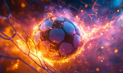Fototapeta premium The soccer ball in the net with a powerful explosion of light and color behind it