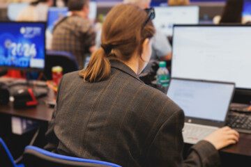 Journalists and correspondents working in media press center, live broadcasting, tv studio channel...