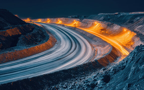 Open-pit mine at night glowing with industrial lighting and filled with active heavy machinery and dynamic shadows