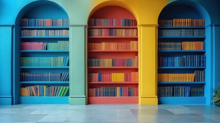 Vibrant Bookshelves with Colorful Spines in Archways, Creating a Modern and Artistic Library Ambiance in a Contemporary Space