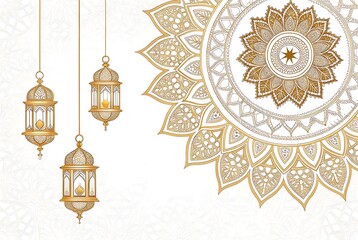 Islamic geometric pattern, intricate gold mandala, Ramadan decoration, beige background