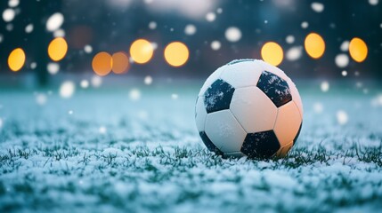 Fototapeta premium Snow-Covered Soccer Ball on Field with Blurry Lights in Background, Capturing the Essence of Winter Sports and Playful Outdoor Activities in a Magical Atmosphere