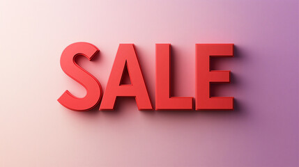 A sleek, modern red "SALE" in uppercase, with subtle shadows beneath, placed on a minimalist gradient background that transitions from dark purple to light pink.