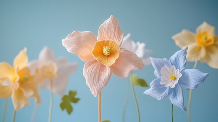 Naklejka premium Tender Columbine flowers, pastel floral wallpaper, cotton fabric texture, delicate aesthetic effect