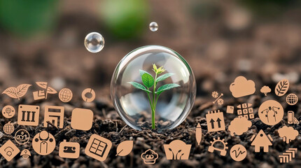 Environment concept: bubbles protecting plants in nature, surrounded by brown and beige environment icons.