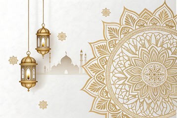 Islamic geometric pattern, intricate gold mandala, Ramadan decoration, beige background