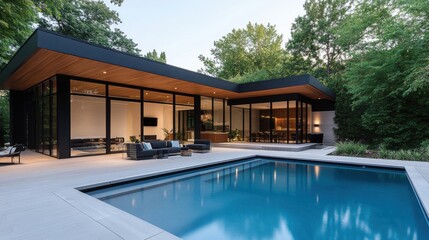 Fototapeta premium Modern minimalist home design with sleek pool and lush greenery in tranquil outdoor setting at dusk
