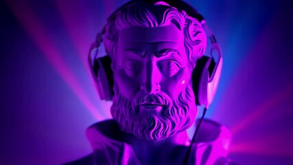 Antique statue wearing headphones, disco Stoic Greek Philosopher Thinking Man - Powered by Adobe