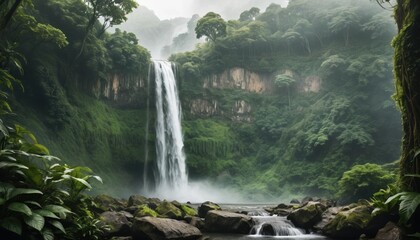 Majestic Waterfall Surrounded by Lush Greenery and Mist, generative ai