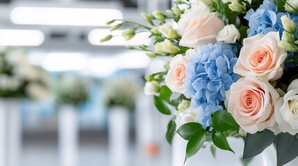 Soft light illuminates delicate peach and blue wedding bouquet. AI Generated