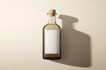 A simple glass bottle with a cork stopper sits against a light background, casting a soft shadow, featuring a blank label for customization.