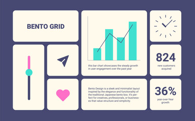 Modern Bento grid web business layout with simple shape. Trending bento brick Ui UX template. Web comics grids, various panel arrangements and different size tiles. Creative infographic, presentation
