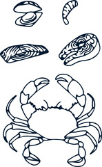 Vector seafood icons. Crab, trout, shrimp and shrimps. Simple icons for menus, posters, and postcards.