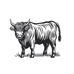 Fototapeta premium Black and white illustration of a horned cow standing on grass with a white background