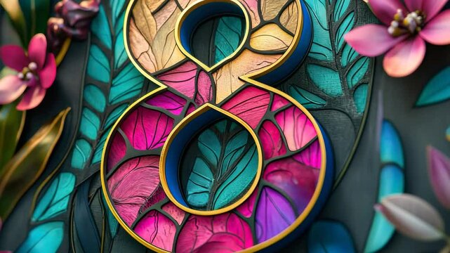 Vibrant stained glass number eight with floral patterns celebrating international women's day march 8 - Powered by Adobe