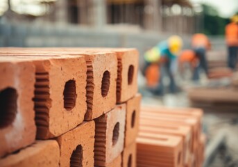Stack of bricks at construction site with workers in background
