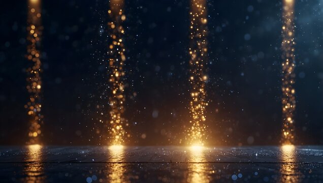 Four golden streams of light descend from the dark background, glittering with small particles onto a reflective surface.