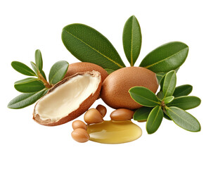 Isolated Argan Nuts, Oil, and Fresh Green Leaves