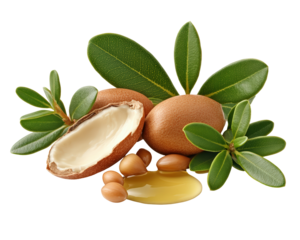 Isolated Argan Nuts, Oil, and Fresh Green Leaves
