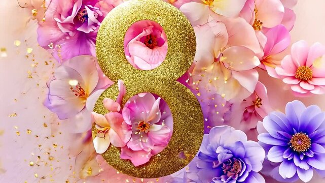 Golden glittering number 8 with pink flowers for international women's day celebration, march 8 concept
